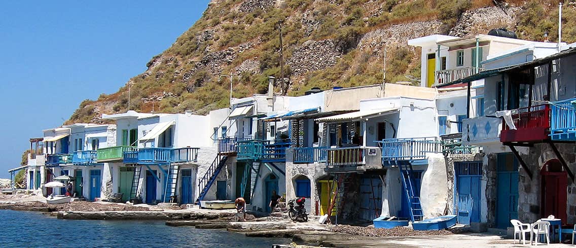 Colourful fishermen's boathouses on the shore of Klima in Milos