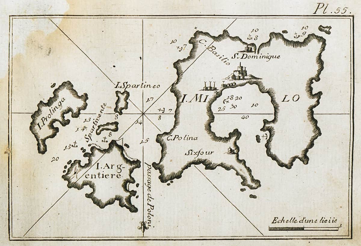 Map of Milos: an engraved sea chart of Milos, Kimolos and Polyaigos by Joseph Roux, showing the horseshoe bay and anchorages