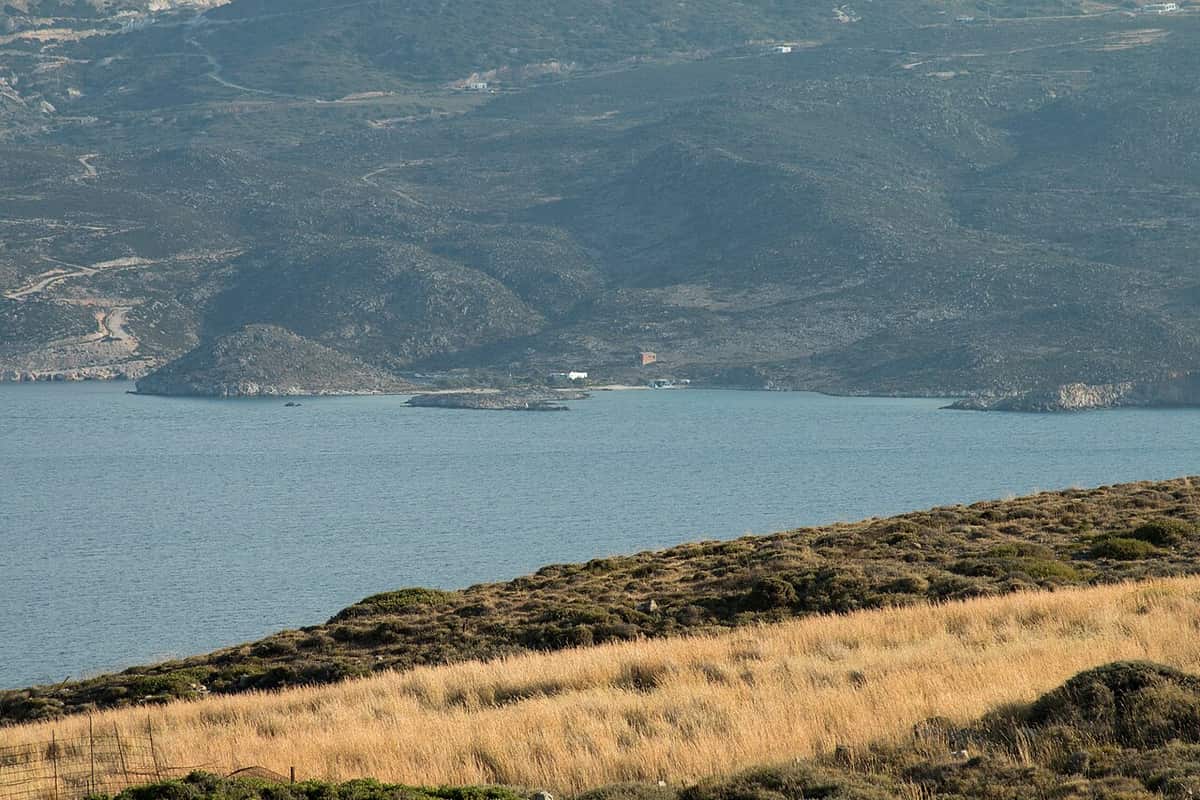 Santa Maria Village Hotel Milos: the western side of the gulf of Milos and the Rivari area seen from Nychia hill above Adamas