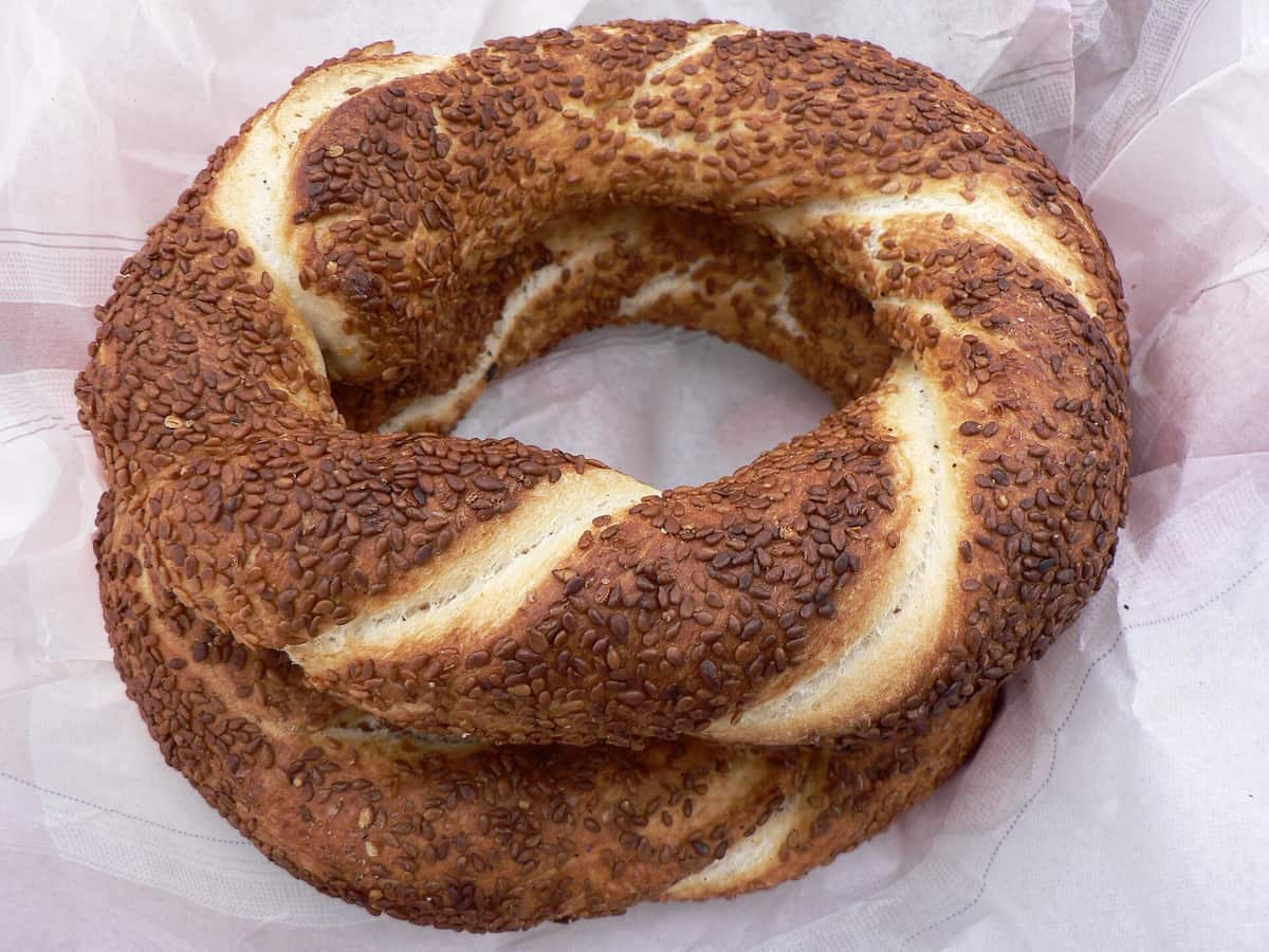 Sweets in Triovasalos: a sesame bread ring, the koulouri sold in Greek bakeries, on paper
