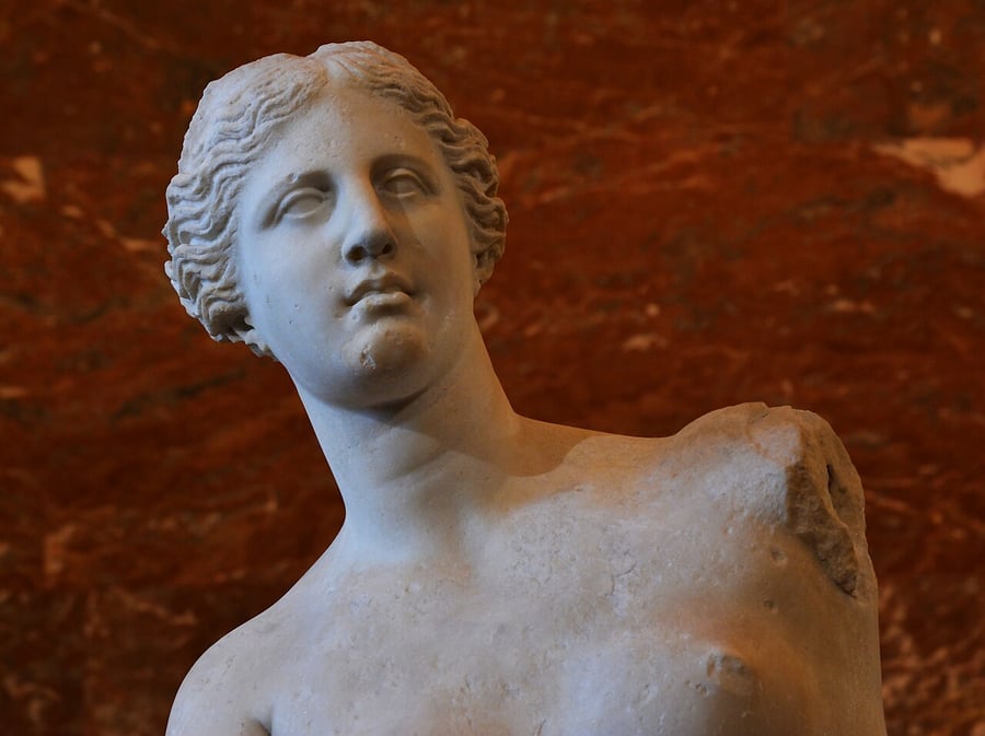 Venus de Milo: the marble head and shoulders of the statue, with the calm face turned to the side